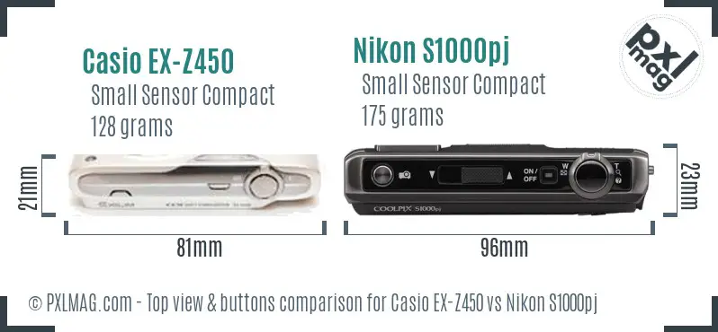 Casio EX-Z450 vs Nikon S1000pj top view buttons comparison Casio EX-Z450 vs Nikon S1000pj top view buttons comparison