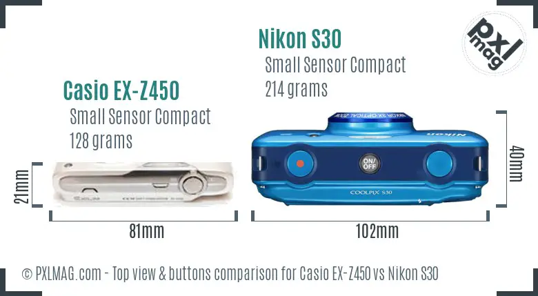 Casio EX-Z450 vs Nikon S30 top view buttons comparison