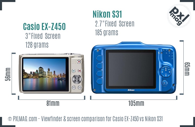 Casio EX-Z450 vs Nikon S31 Screen and Viewfinder comparison