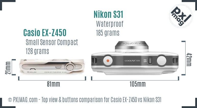 Casio EX-Z450 vs Nikon S31 top view buttons comparison