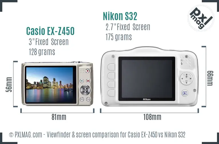 Casio EX-Z450 vs Nikon S32 Screen and Viewfinder comparison