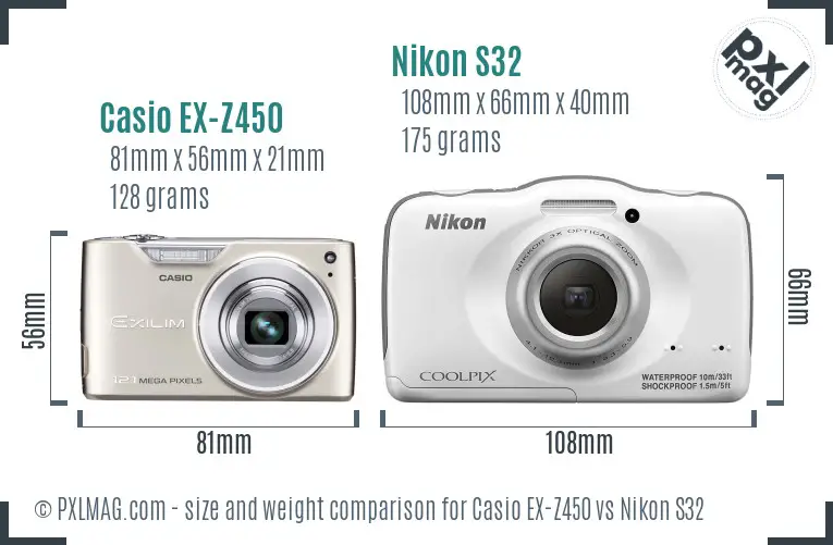 Casio EX-Z450 vs Nikon S32 size comparison