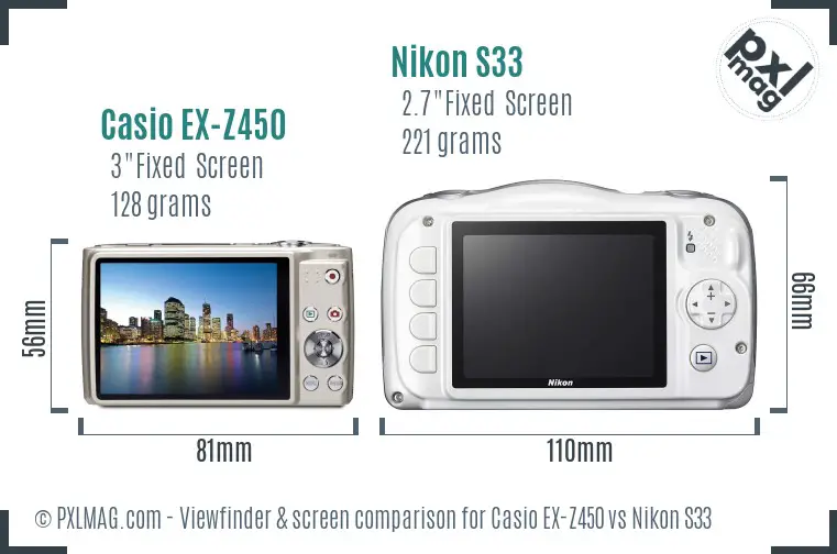 Casio EX-Z450 vs Nikon S33 Screen and Viewfinder comparison