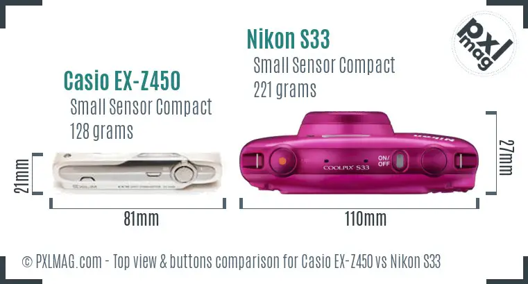 Casio EX-Z450 vs Nikon S33 top view buttons comparison