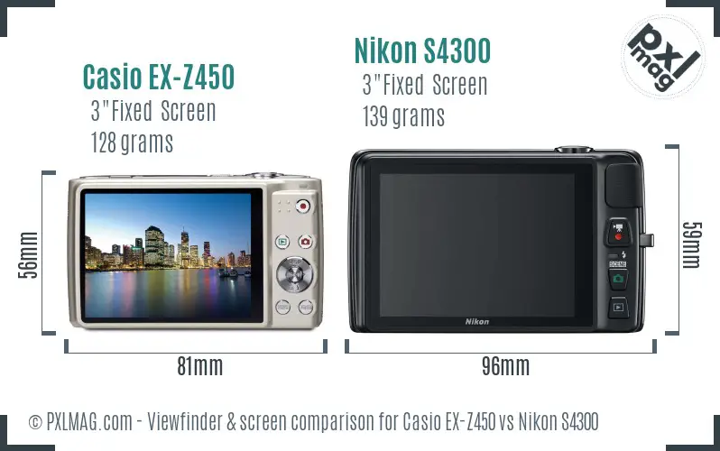 Casio EX-Z450 vs Nikon S4300 Screen and Viewfinder comparison Casio EX-Z450 vs Nikon S4300 Screen and Viewfinder comparison