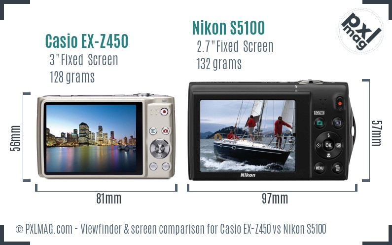 Casio EX-Z450 vs Nikon S5100 Screen and Viewfinder comparison