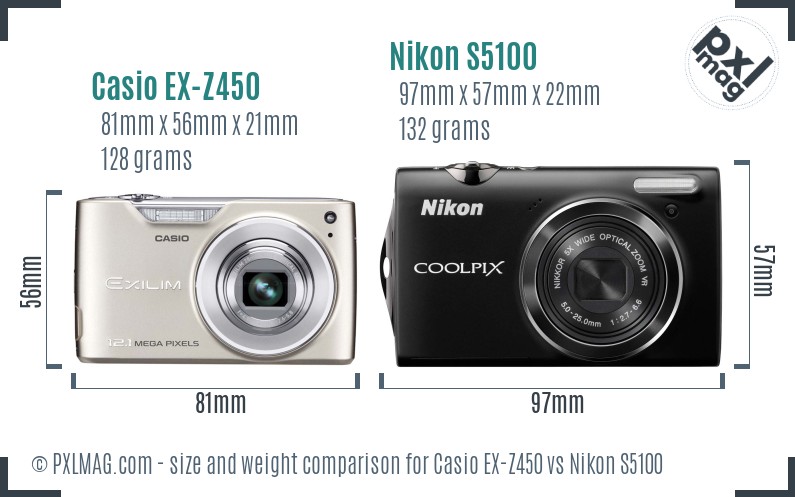 Casio EX-Z450 vs Nikon S5100 size comparison