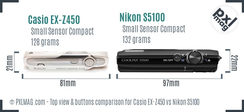 Casio EX-Z450 vs Nikon S5100 top view buttons comparison