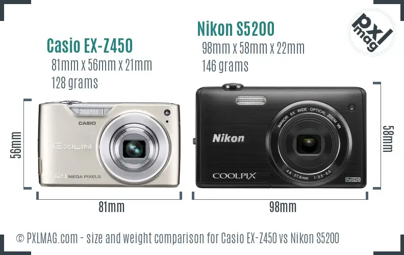 Casio EX-Z450 vs Nikon S5200 size comparison