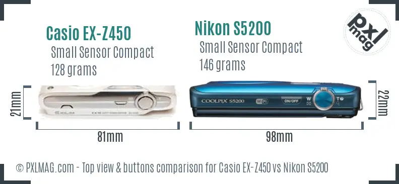 Casio EX-Z450 vs Nikon S5200 top view buttons comparison