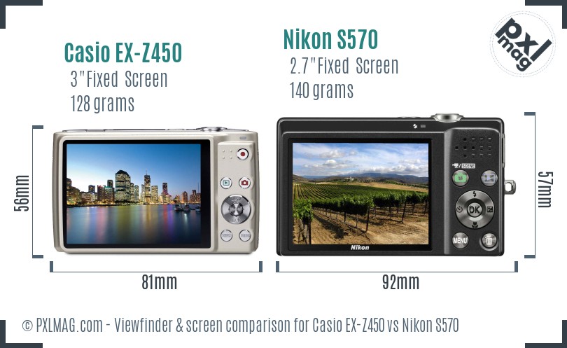 Casio EX-Z450 vs Nikon S570 Screen and Viewfinder comparison