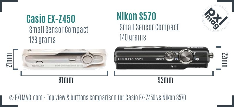 Casio EX-Z450 vs Nikon S570 top view buttons comparison