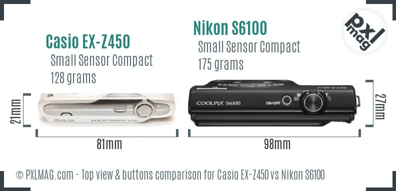 Casio EX-Z450 vs Nikon S6100 top view buttons comparison Casio EX-Z450 vs Nikon S6100 top view buttons comparison