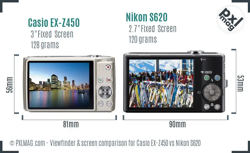 Casio EX-Z450 vs Nikon S620 Screen and Viewfinder comparison