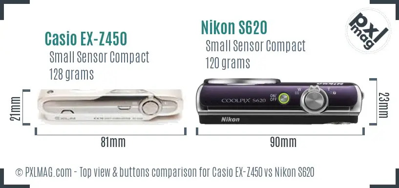 Casio EX-Z450 vs Nikon S620 top view buttons comparison