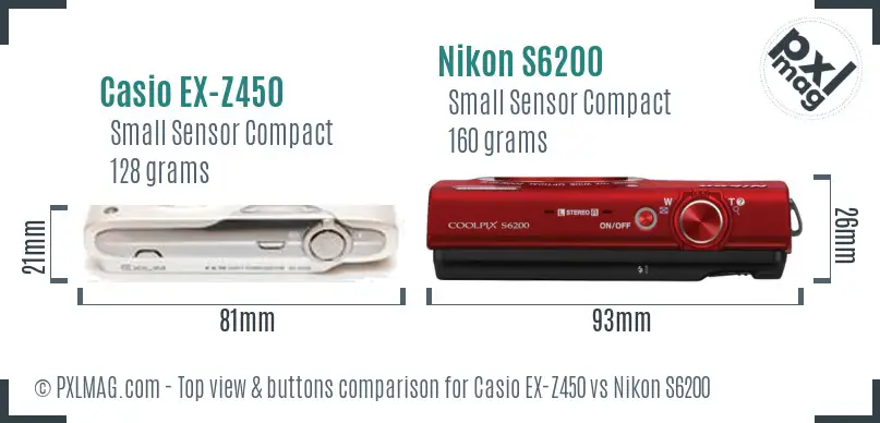 Casio EX-Z450 vs Nikon S6200 top view buttons comparison