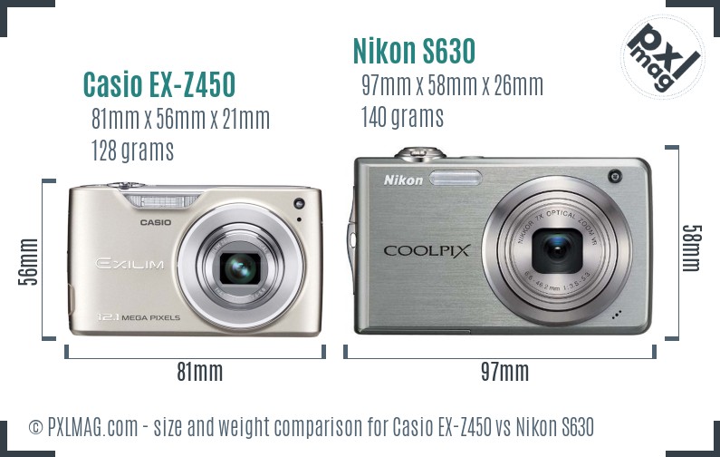 Casio EX-Z450 vs Nikon S630 size comparison