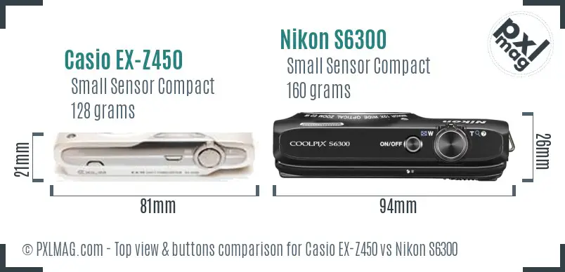 Casio EX-Z450 vs Nikon S6300 top view buttons comparison Casio EX-Z450 vs Nikon S6300 top view buttons comparison