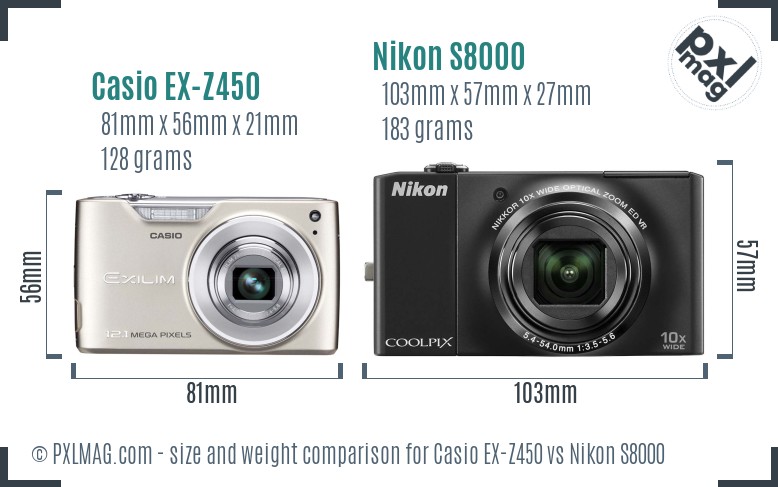Casio EX-Z450 vs Nikon S8000 size comparison