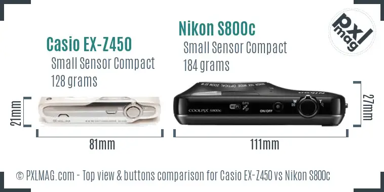 Casio EX-Z450 vs Nikon S800c top view buttons comparison Casio EX-Z450 vs Nikon S800c top view buttons comparison