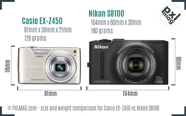 Casio EX-Z450 vs Nikon S8100 size comparison