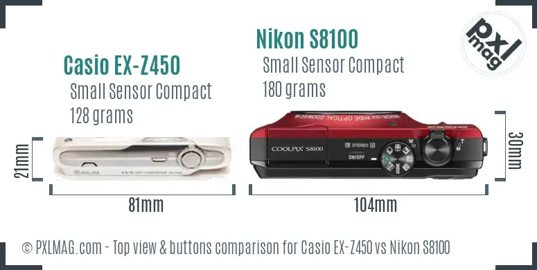Casio EX-Z450 vs Nikon S8100 top view buttons comparison
