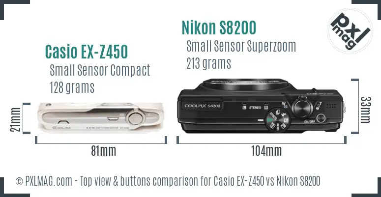 Casio EX-Z450 vs Nikon S8200 top view buttons comparison Casio EX-Z450 vs Nikon S8200 top view buttons comparison