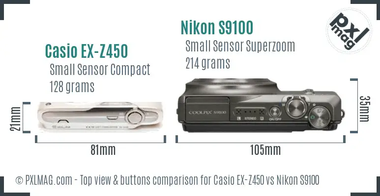 Casio EX-Z450 vs Nikon S9100 top view buttons comparison
