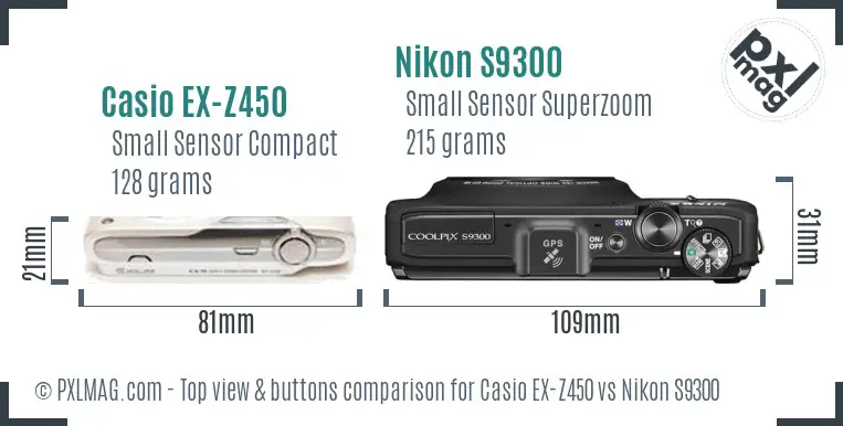 Casio EX-Z450 vs Nikon S9300 top view buttons comparison Casio EX-Z450 vs Nikon S9300 top view buttons comparison