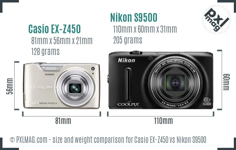 Casio EX-Z450 vs Nikon S9500 size comparison