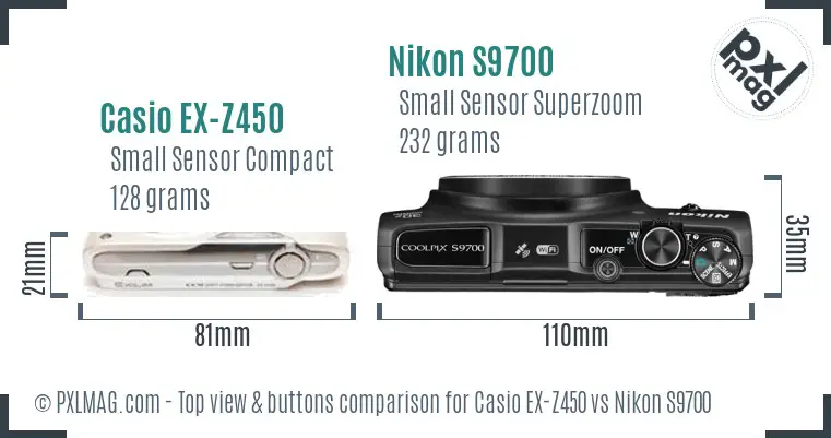 Casio EX-Z450 vs Nikon S9700 top view buttons comparison Casio EX-Z450 vs Nikon S9700 top view buttons comparison