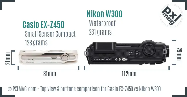 Casio EX-Z450 vs Nikon W300 top view buttons comparison