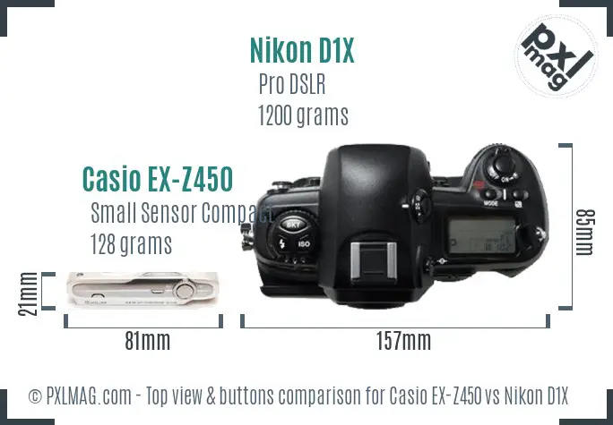Casio EX-Z450 vs Nikon D1X top view buttons comparison