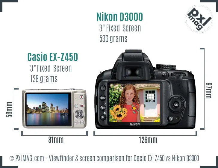 Casio EX-Z450 vs Nikon D3000 Screen and Viewfinder comparison