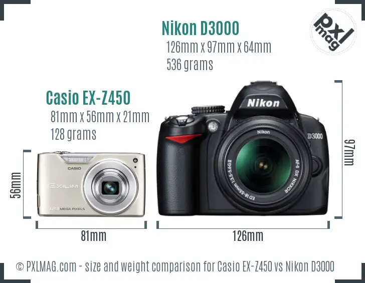 Casio EX-Z450 vs Nikon D3000 size comparison