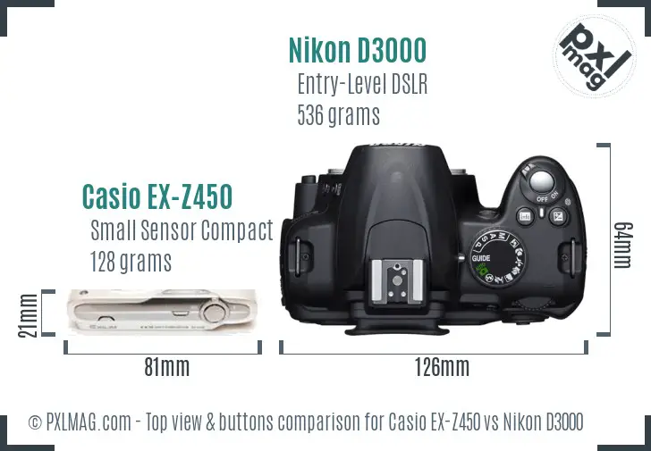 Casio EX-Z450 vs Nikon D3000 top view buttons comparison
