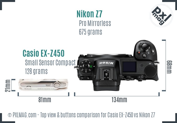 Casio EX-Z450 vs Nikon Z7 top view buttons comparison