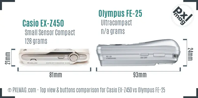 Casio EX-Z450 vs Olympus FE-25 top view buttons comparison
