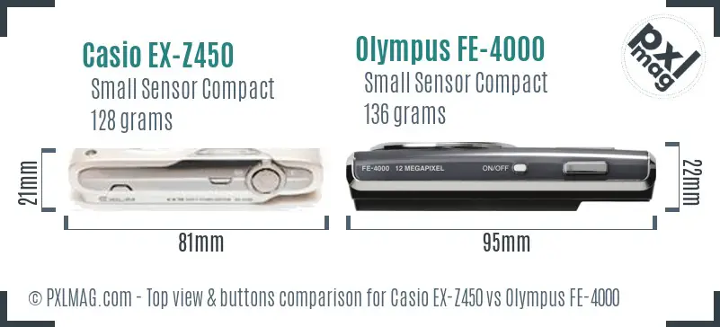 Casio EX-Z450 vs Olympus FE-4000 top view buttons comparison