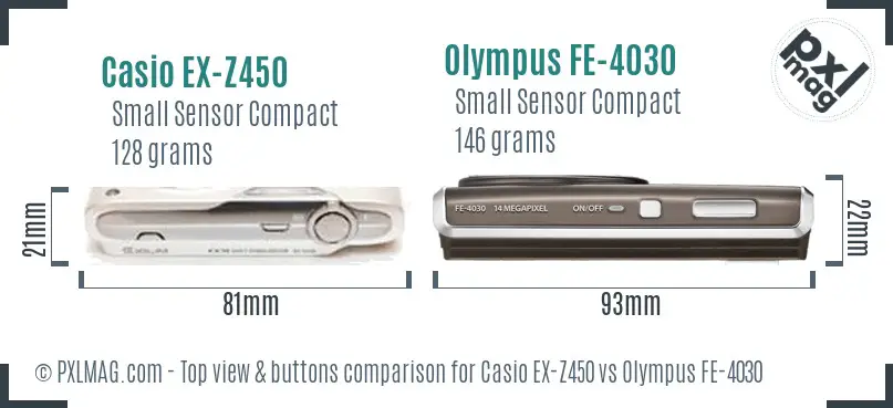 Casio EX-Z450 vs Olympus FE-4030 top view buttons comparison