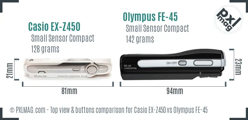 Casio EX-Z450 vs Olympus FE-45 top view buttons comparison