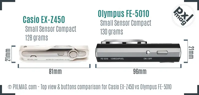Casio EX-Z450 vs Olympus FE-5010 top view buttons comparison