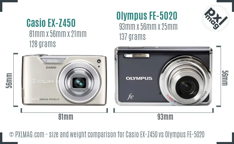Casio EX-Z450 vs Olympus FE-5020 size comparison Casio EX-Z450 vs Olympus FE-5020 size comparison