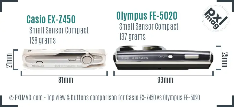 Casio EX-Z450 vs Olympus FE-5020 top view buttons comparison Casio EX-Z450 vs Olympus FE-5020 top view buttons comparison