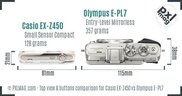 Casio EX-Z450 vs Olympus E-PL7 top view buttons comparison