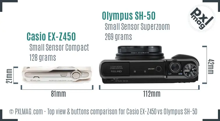 Casio EX-Z450 vs Olympus SH-50 top view buttons comparison Casio EX-Z450 vs Olympus SH-50 top view buttons comparison