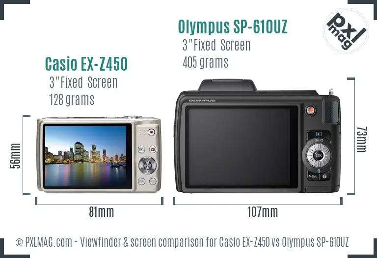 Casio EX-Z450 vs Olympus SP-610UZ Screen and Viewfinder comparison