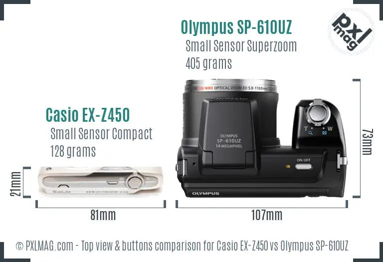 Casio EX-Z450 vs Olympus SP-610UZ top view buttons comparison