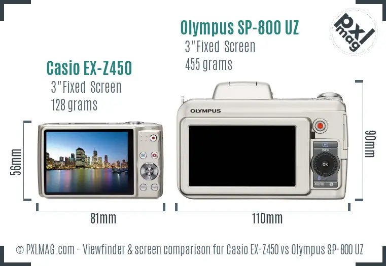 Casio EX-Z450 vs Olympus SP-800 UZ Screen and Viewfinder comparison