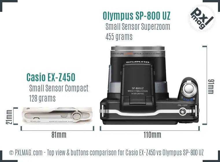 Casio EX-Z450 vs Olympus SP-800 UZ top view buttons comparison